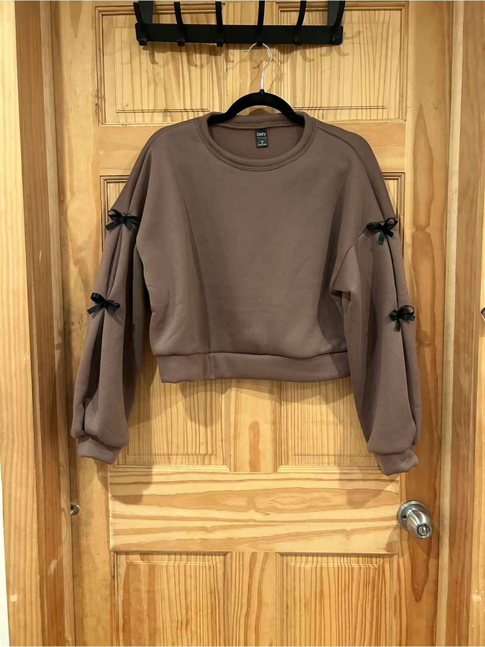 DKNY Brown Cropped Sweatshirt with Bow-Accent Sleeves